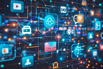 Obraz premium An array of modern devices displaying different social media platforms, surrounded by icons representing global connectivity --ar 3:2 Job ID: 729fe0a7-612b-4cae-b80d-5a9bd5f8dee7