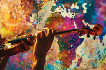 backdrop of a global map made of music notes, Hands playing a musical instrument in the foreground, vivid colors --ar 3:2 Job ID: e5b5beff-cbe5-496b-8fc3-c7094d976a33