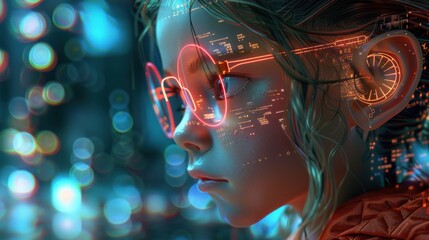 Cyberpunk futuristic little girl in digital vision modern glasses technology AI generated image