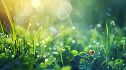 Beautiful lovely ant in the grass with morning dew, macro, soft focus. Grass and clover leaves in droplets of water in spring and summer nature. Amazingly cute artistic image of pure nature.