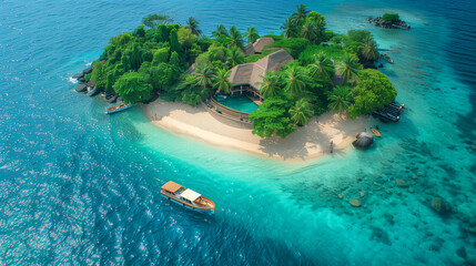 Fototapeta premium A lush tropical island with palm trees and an overwater bungalow, framed by crystal-clear turquoise waters