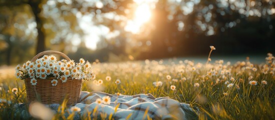 basket with white oxeye daisies on a blanket in the daisy flower field in summer on a sunny day.