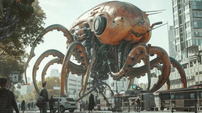 Giant monster squid Alien robot is walking in modern road city AI generated image