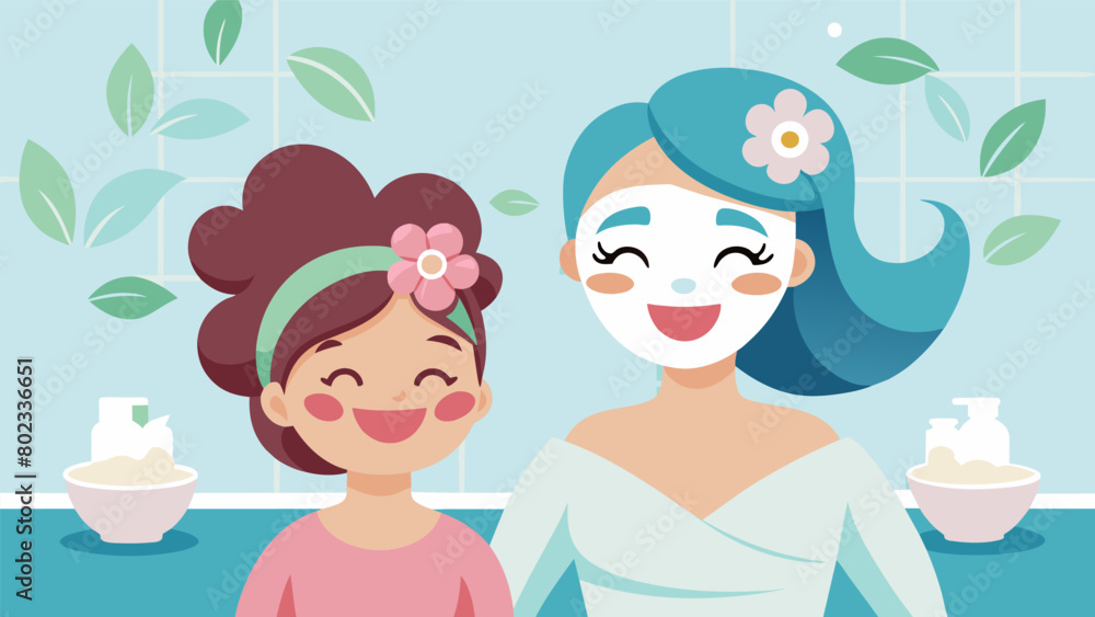 Poster a giggling mother and daughter trying out different face masks in the spas skincare section..