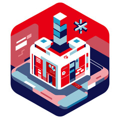 a perfectly hexagonal icon showing a futuristic hospital, vector illustration flat 2