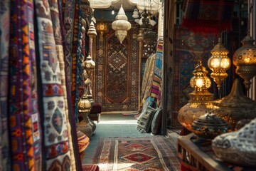 Fototapeta premium Focus on the cultural aspects, such as beautifully decorated lamps, intricate patterns on prayer rugs, and festive bazaars. --ar 3:2 Job ID: 5534ecfa-c983-4f1f-9243-a115b57ec540