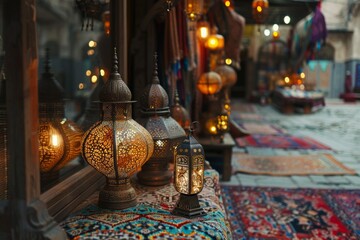 Focus on the cultural aspects, such as beautifully decorated lamps, intricate patterns on prayer rugs, and festive bazaars.