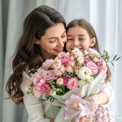 A young daughter giving flowers and a hug to her mother
