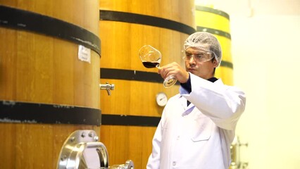 male winemaker expert in sterile suit working holding wine glass and inspects oat fermentation tanks to test the quality of the wine color, smell, taste of wine the wine factory