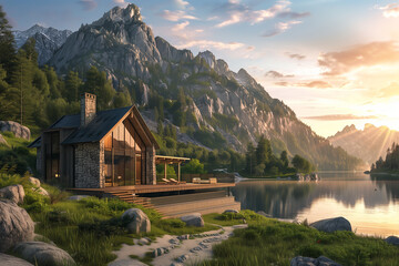 Fototapeta premium a house near a lake in the mountains