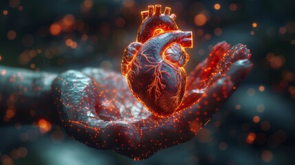 Obraz premium Glowing human hand holding artificial intelligence illustration.