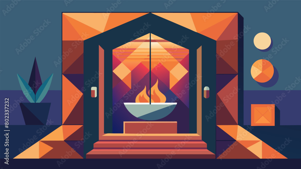 Poster a custom sauna with an abstract geometric design on the walls and a builtin aromatherapy scents disp