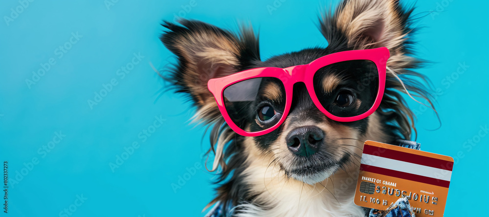 Wall mural dog with credit card on isolated background