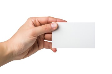 Close-up of a hand presenting a blank business card, isolated on a clean white background.
