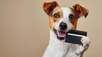 dog with credit card on isolated background