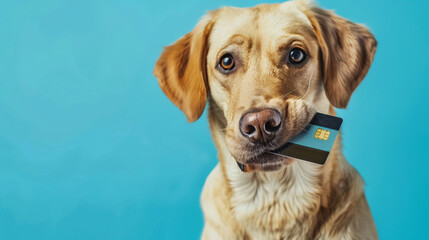 dog with credit card on isolated background