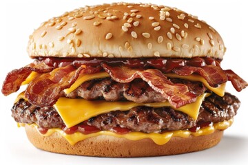 A juicy hamburger with double meat, cheese and bacon on a white background