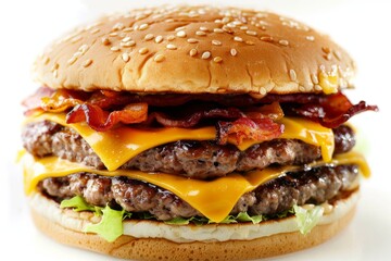 A juicy hamburger with double meat cheese and bacon on a white background