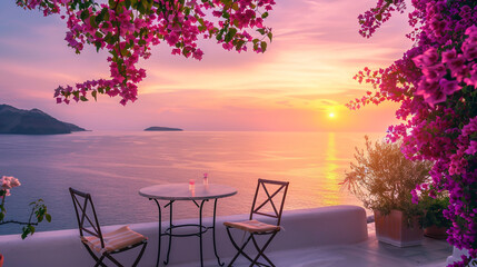 A photo of an elegant terrace in Santorini, with pink bougainvillea