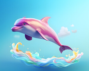 cartoonish 3d illustration visualize mythical animal. dolphin jumpin over the wave on blue pastel background.