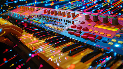 Close-up of a musician's hands playing on a brightly colored synthesizer keyboard, surrounded by vibrant lights and controls