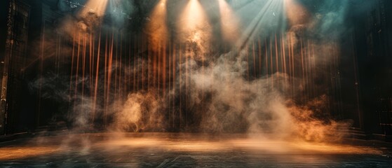 Spotlighted stage with a vintage cinema look featuring dense smoke and a dark background ideal for dramatic and theatrical presentations.