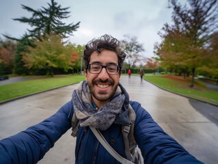 Fototapeta premium A happy man with glasses taking a selfie on a park path amid colorful autumn foliage.