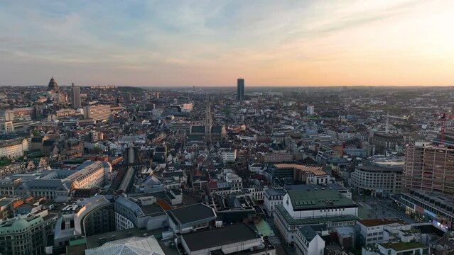 Aerial Shot of Brussels Skyline, Capital of Belgium. Popular tourist destination with ecliptic architecture. 4K. Europe