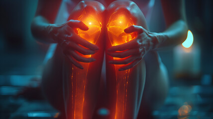  pain as she holds her knee, her joints causing discomfort. The red detailing highlights the flexed cartilage structure, providing a top-down view of the afflicted knee.
