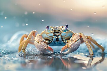 Fototapeta premium Beautiful lovely crab in the sand with morning dew