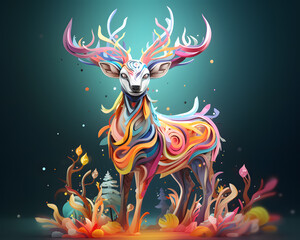 cartoonish 3d illustration visualize mythical animal. colorful deer on vibrant grass elements on the ground.