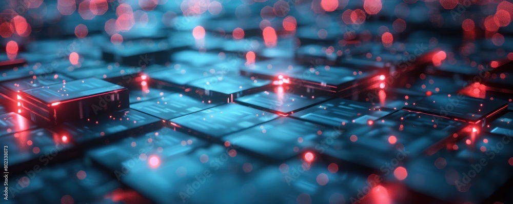Poster dark blue cubes merge amidst radiant connections, symbolizing the core of blockchain technology, por