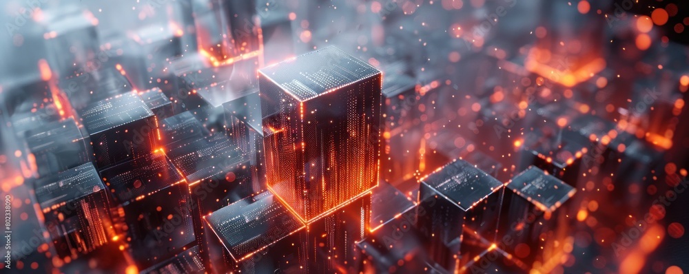 Poster a fusion of dark blue cubes and luminous connections creates an abstract backdrop, emblematic of blo