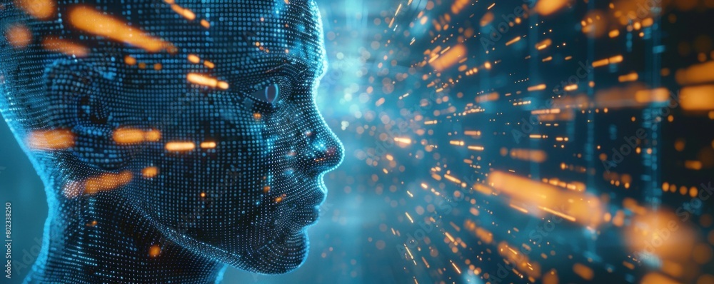 Poster digital illustration of an ai humanoid face woven using binary digital code