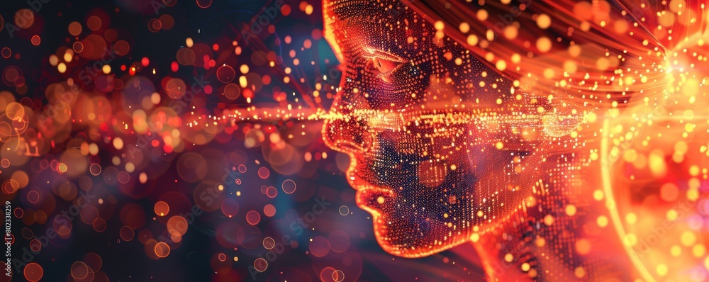 Poster digital illustration of an ai humanoid face woven using binary digital code