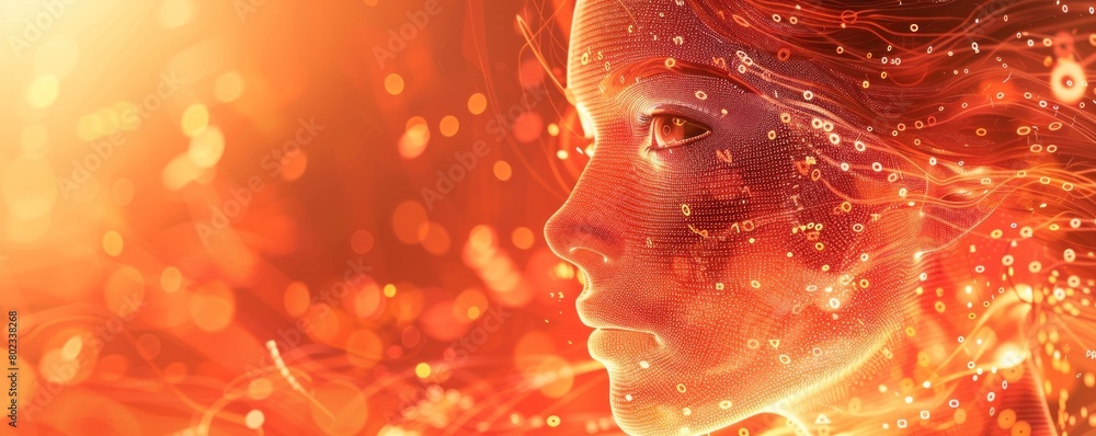Poster digital illustration of an ai humanoid face woven using binary digital code
