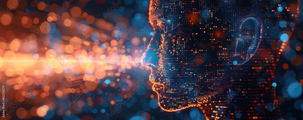 Poster digital illustration of an ai humanoid face woven using binary digital code