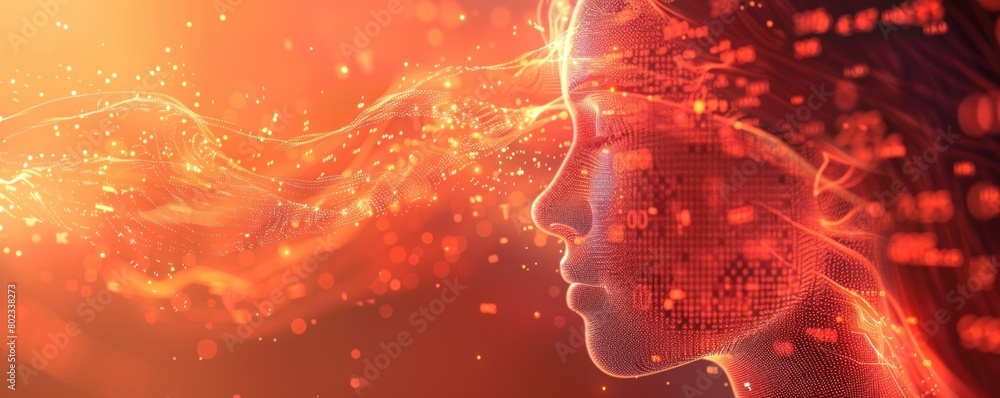 Poster digital illustration of an ai humanoid face woven using binary digital code