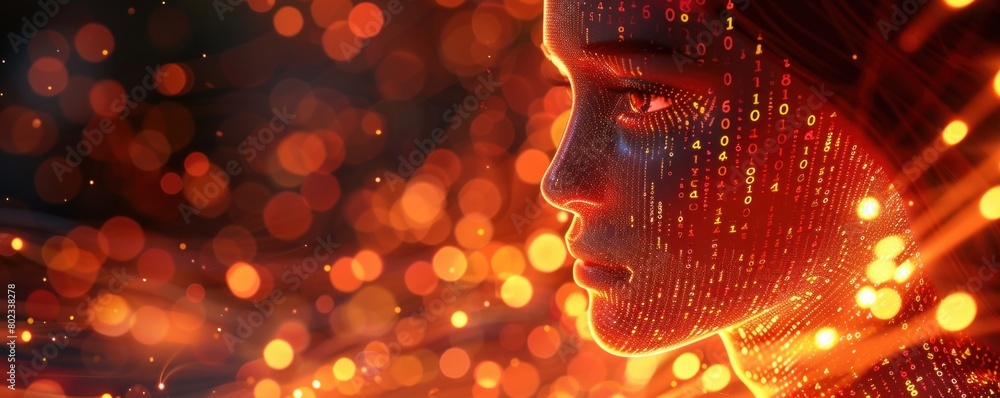 Poster digital illustration of an ai humanoid face woven using binary digital code