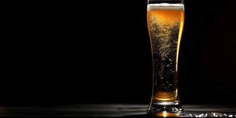 A glass of beer is poured into a black background