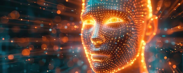 Digital illustration of an AI humanoid face woven using binary digital code