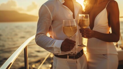 Hands holding wine glasses clink on luxury yacht in sea.