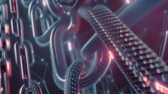 A futuristic depiction of blockchain technology powering a wide range of applications, from finance to healthcare to supply chain management.