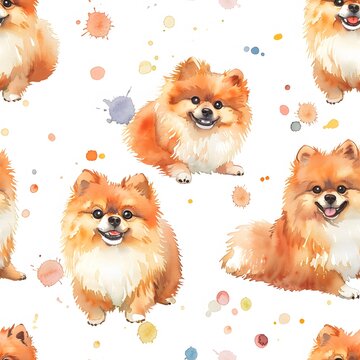 watercolor, cute and happy Pomeranians pattern on white background