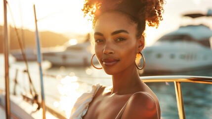 Fashion portrait of a female Africa-American model on yacht in sea.