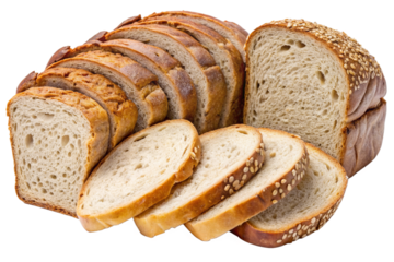 Isolated Sliced Bread: Slices of bread isolated on a transparent background, featuring various types such as white, whole wheat, or sourdough, suitable for sandwich illustrations and bakery designs.
