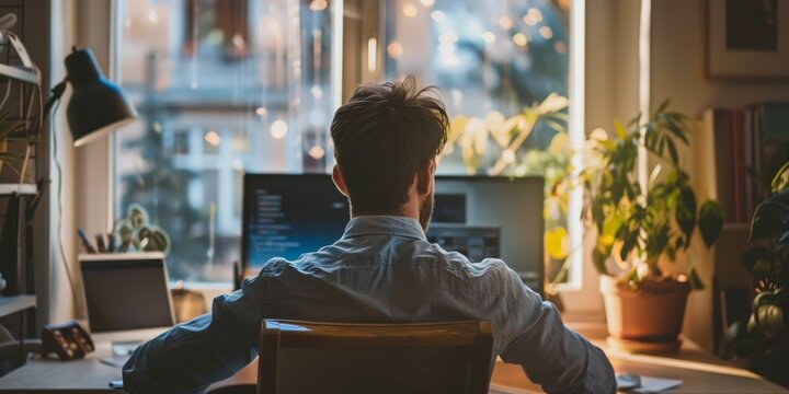 Focused Software Developer Engaged in Coding on Multiple Computer Screens in a Cozy Home Office at Dusk