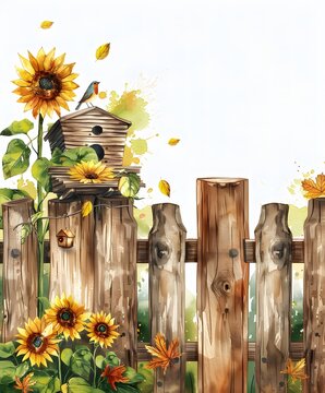sunflowers, birdhouse, wooden fence watercolor clip art preview