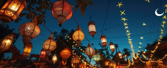 Array of traditional festive lanterns hanging under a clear sky, with twinkling stars and crescent moons crafted in lantern designs, celebratory atmosphere for the Islamic New Year