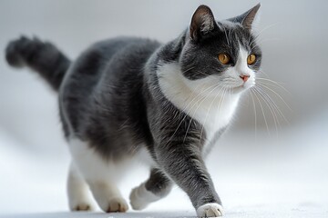 Beautiful gray and white european shorthair cat on the snow